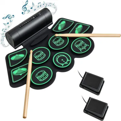 Elektrisches Schlagzeug mit 9 Pads Aufrollbares E-Drum-Übungspad mit 2 Stereolautsprechern Elektrisches Schlagzeug mit 9 Pads Aufrollbares E-Drum-Übungspad mit 2 Stereolautsprechern