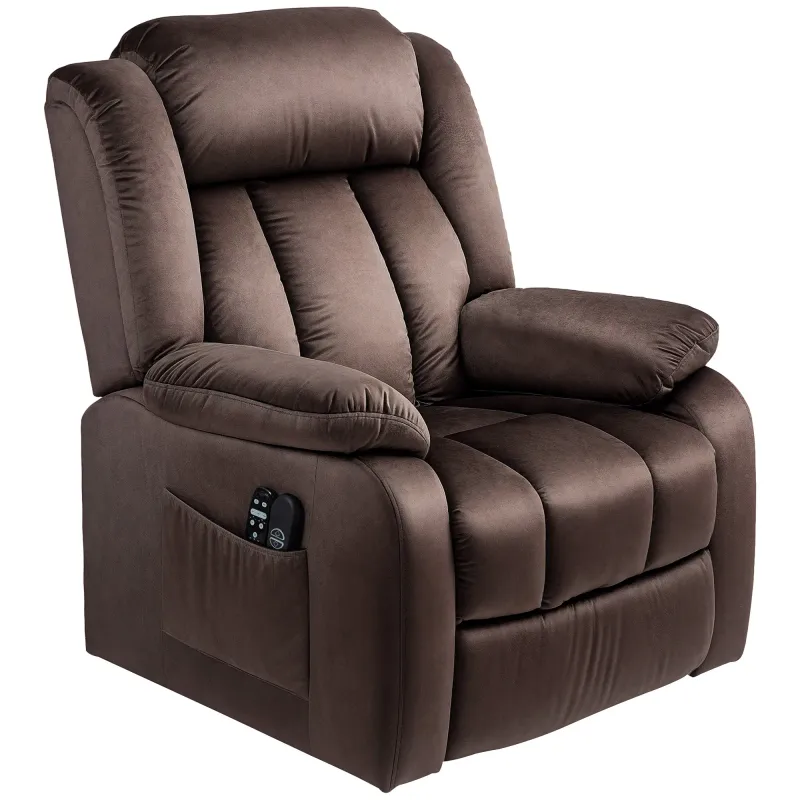 Aufstehsessel mit Massagefunktion und Lendenheizung, Recliner-Sessel mit Fernbedienungen und Seitentaschen | Braun