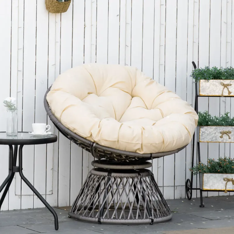 Papasansessel, Korbsessel, Sitzkissen, Kunstrattan, drehbar, Metallrahmen, 87 x 97 x 86 cm, Beige