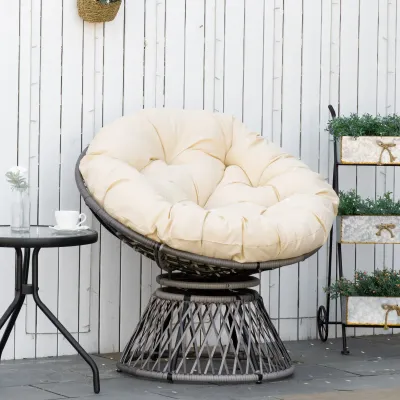 Papasansessel, Korbsessel, Sitzkissen, Kunstrattan, drehbar, Metallrahmen, 87 x 97 x 86 cm, Beige