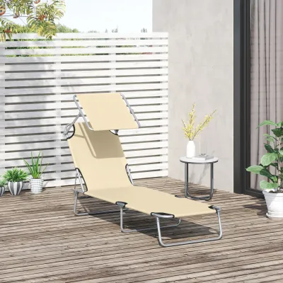 Sonnenliege klappbar Gartenliege mit Dach, Liegestuhl mit 4-Fach verstellbare Rückenlehne, Beige
