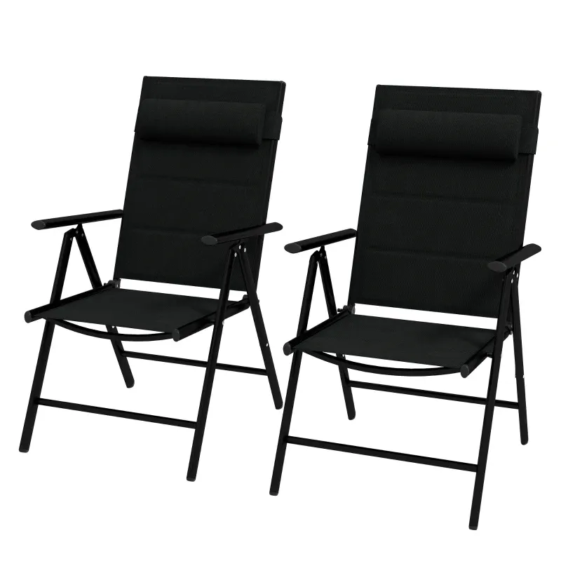 Set mit 2 klappbaren Gartensesseln mit Kopfstütze, Armlehnen und Aluminiumrahmen Schwarz Set mit 2 klappbaren Gartensesseln mit Kopfstütze, Armlehnen und Aluminiumrahmen Schwarz
