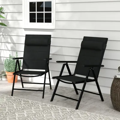 Set mit 2 klappbaren Gartensesseln mit Kopfstütze, Armlehnen und Aluminiumrahmen Schwarz