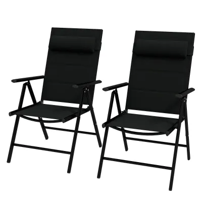 Set mit 2 klappbaren Gartensesseln mit Kopfstütze, Armlehnen und Aluminiumrahmen Schwarz