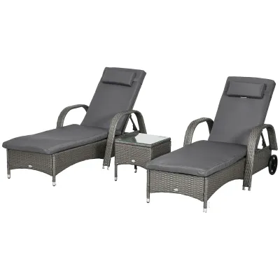 3er Set Sonnenliege mit Rollen + Tisch Polyrattan Grau+Dunkelgrau