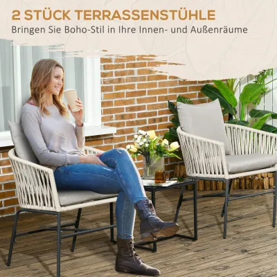 Outdoor Stühle, 2-er Set, Boho-Design, Sitz- und Rückenkissen, bequeme Sitzschale, Metallrahmen, hellgrau
