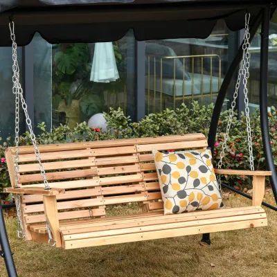 Hollywoodschaukel Hängebank mit Klapptisch und Becherhaltern Naturholz 150 x 75 x 53cm
