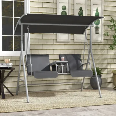 Hollywoodschaukel, 2-Sitzer, mit Dach und Tisch, Metallrahmen, bis 180 kg, 175x110x165 cm, Grau