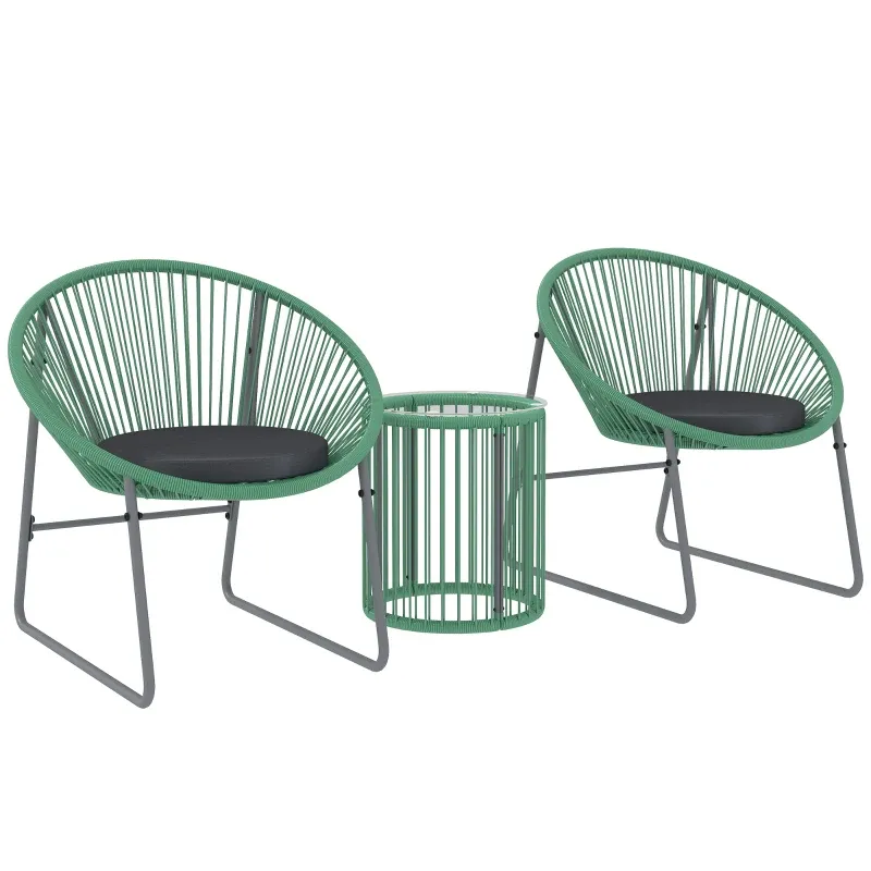 3-teiliges Rattan-Outdoor-Möbelset, 1 Tisch, 2 Stühle, Glastischplatte, Boho-Stil, weiche Kissen, Grün 3-teiliges Rattan-Outdoor-Möbelset, 1 Tisch, 2 Stühle, Glastischplatte, Boho-Stil, weiche Kissen, Grün