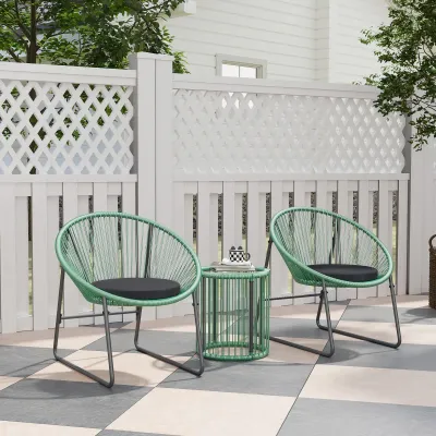 3-teiliges Rattan-Outdoor-Möbelset, 1 Tisch, 2 Stühle, Glastischplatte, Boho-Stil, weiche Kissen, Grün