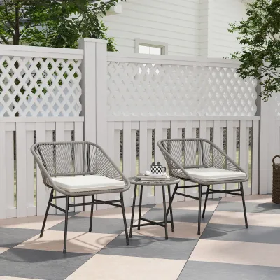 3-teiliges Rattan-Outdoor-Möbelset, 1 Tisch mit Glasplatte, 2 Stühle, Boho-Stil, Dunkelgrau