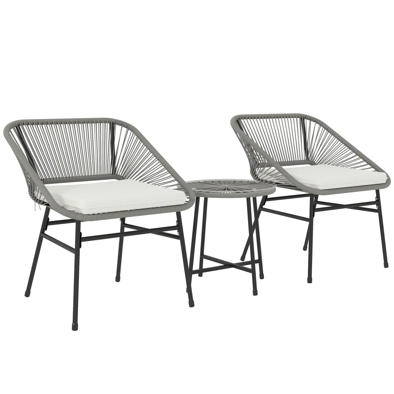 3-teiliges Rattan-Outdoor-Möbelset, 1 Tisch mit Glasplatte, 2 Stühle, Boho-Stil, Dunkelgrau 3-teiliges Rattan-Outdoor-Möbelset, 1 Tisch mit Glasplatte, 2 Stühle, Boho-Stil, Dunkelgrau