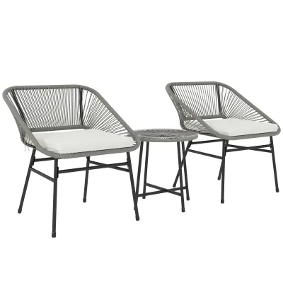 3-teiliges Rattan-Outdoor-Möbelset, 1 Tisch mit Glasplatte, 2 Stühle, Boho-Stil, Dunkelgrau