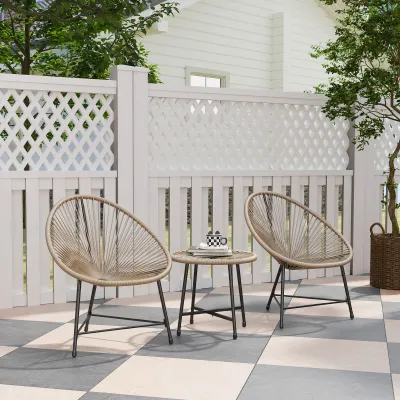 3-teiliges Rattan-Gartenmöbel-Set, 2 Stühle, 1 Tisch mit Glasplatte, Hellbraun
