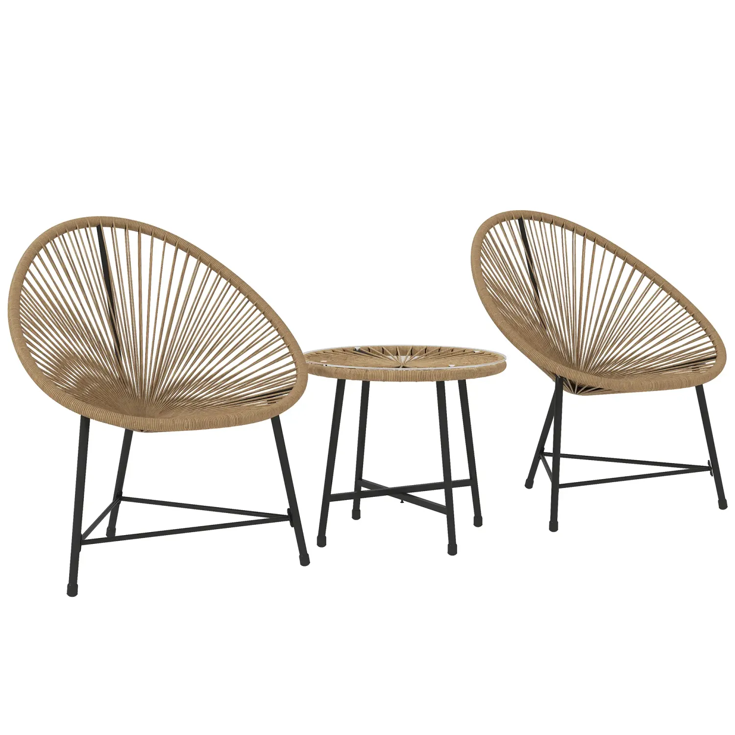 3-teiliges Rattan-Gartenmöbel-Set, 2 Stühle, 1 Tisch mit Glasplatte, Hellbraun