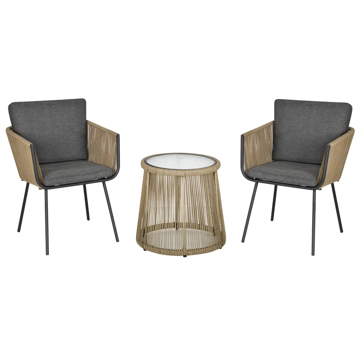 3-teilige Rattan-Sitzgruppe, 2 Stühle, Beistelltisch, Boho-Stil, Grau