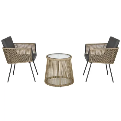 3-teilige Rattan-Sitzgruppe, 2 Stühle, Beistelltisch, Boho-Stil, Grau