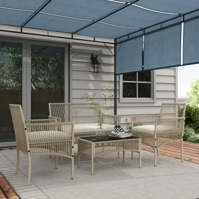 4-teiliges Rattan-Gartenmöbel-Set 2-Sitzer-Sofa 2 Sessel 1 Couchtisch mit gehärteter Glasplatte