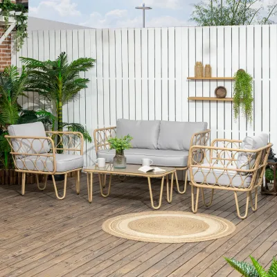 Rattan-Gartenmöbel-Set 2-Sitzer-Sofa + 2 Sessel + 1 Couchtisch mit gehärteter Glasplatte 7 Kissen Beige