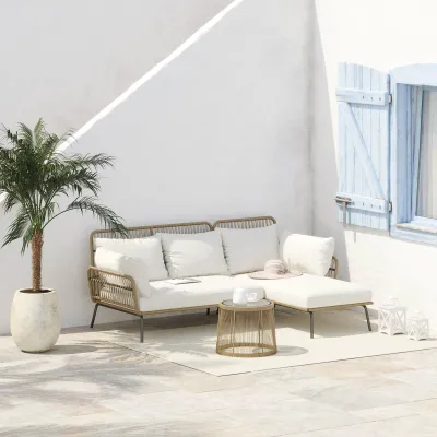 3 tlg. Rattan Gartenmöbel-Set, 1 Ecksofa, 1 Liege, inkl. Kissen, wetterbeständig, Kaffee +Creme