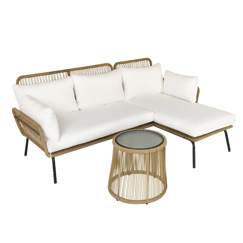 3 tlg. Rattan Gartenmöbel-Set, 1 Ecksofa, 1 Liege, inkl. Kissen, wetterbeständig, Kaffee +Creme