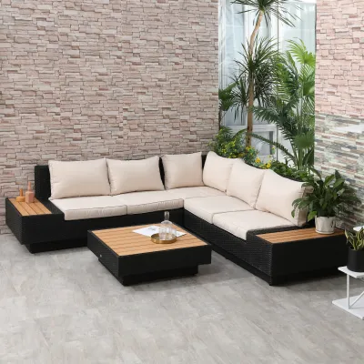 4-tlg. Luxus Rattan-Gartengarnitur, Loungemöbel inkl. Ablagen und Beistelltisch Sitzkissen Schwarz