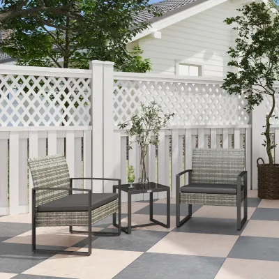 Rattan-Garten-Lounge Set 3-teilig 2 Stühle mit Kissen + Couchtisch mit Glasplatte Grau