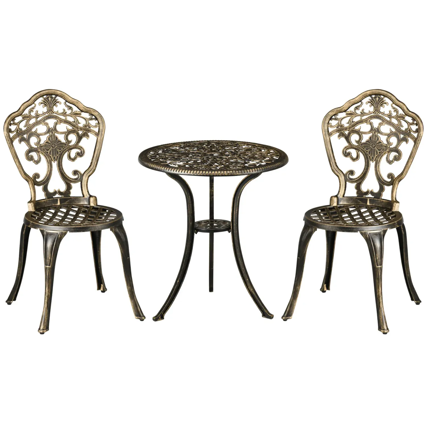 Balkon-Bistro-Set aus Aluminium, 3-teilig, mit 2 Stühlen + runder Tisch in Schmiedeeisenoptik Balkon-Bistro-Set aus Aluminium, 3-teilig, mit 2 Stühlen + runder Tisch in Schmiedeeisenoptik
