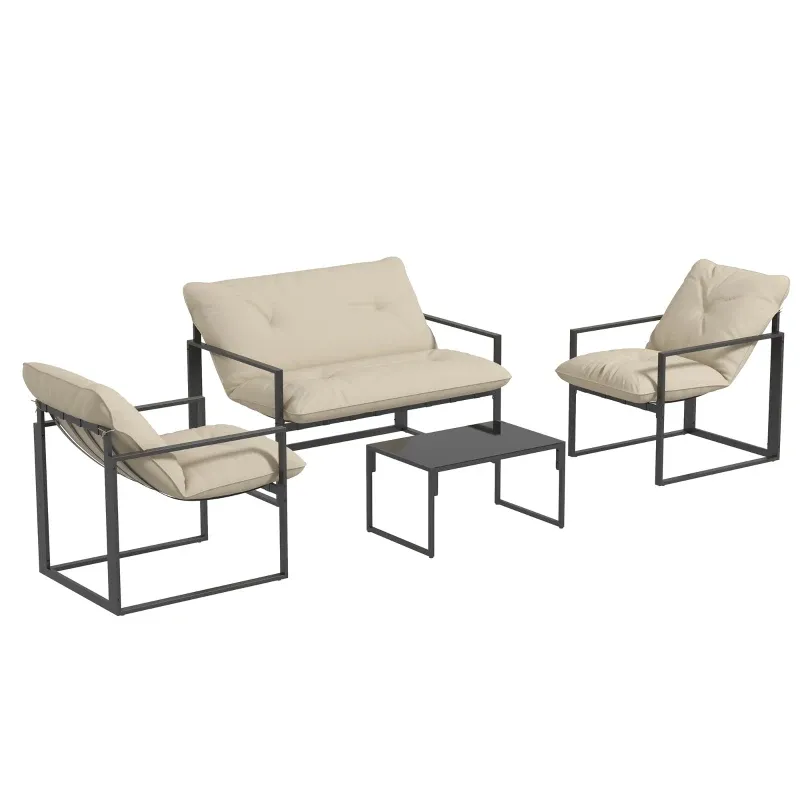 Gartenmöbel-Set | 1 Glastisch, 2 Sessel, 1 Sofa | Grau+Beige