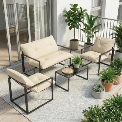 Gartenmöbel-Set | 1 Glastisch, 2 Sessel, 1 Sofa | Grau+Beige