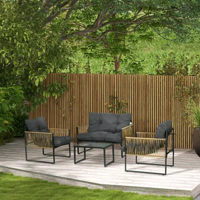 4-teiliges Rattan-Gartenmöbelset, 2-Sitzer-Sofa, 2 Sessel und 1 Couchtisch mit gehärteter Glasplatte, 3 Kissen - Grau