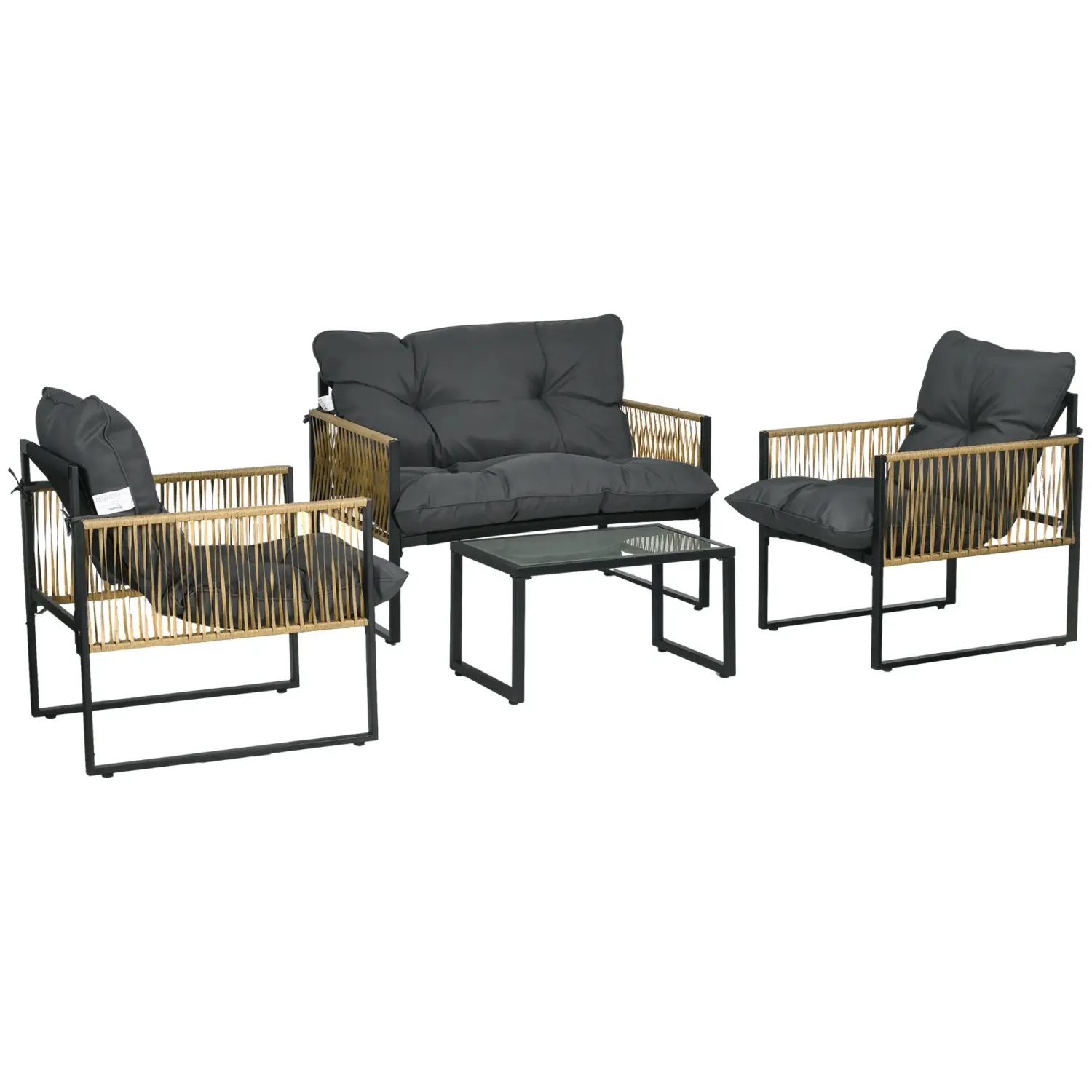 4-teiliges Rattan-Gartenmöbelset, 2-Sitzer-Sofa, 2 Sessel und 1 Couchtisch mit gehärteter Glasplatte, 3 Kissen - Grau 4-teiliges Rattan-Gartenmöbelset, 2-Sitzer-Sofa, 2 Sessel und 1 Couchtisch mit gehärteter Glasplatte, 3 Kissen - Grau