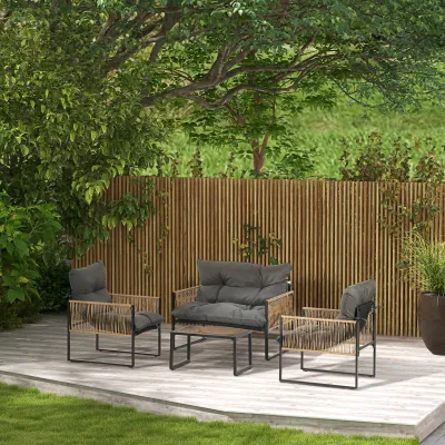 Rattan-Gartenmöbel-Set, 4-teilig, Sofa, 2 Stühle, Glastisch, Anthrazit