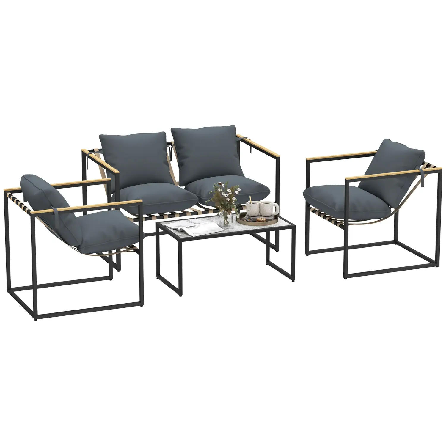 4-teiliges Gartenmöbelset, Outdoor-Möbel-Set, 2 Sessel, 2er Sofa, 1 Tisch, Grau