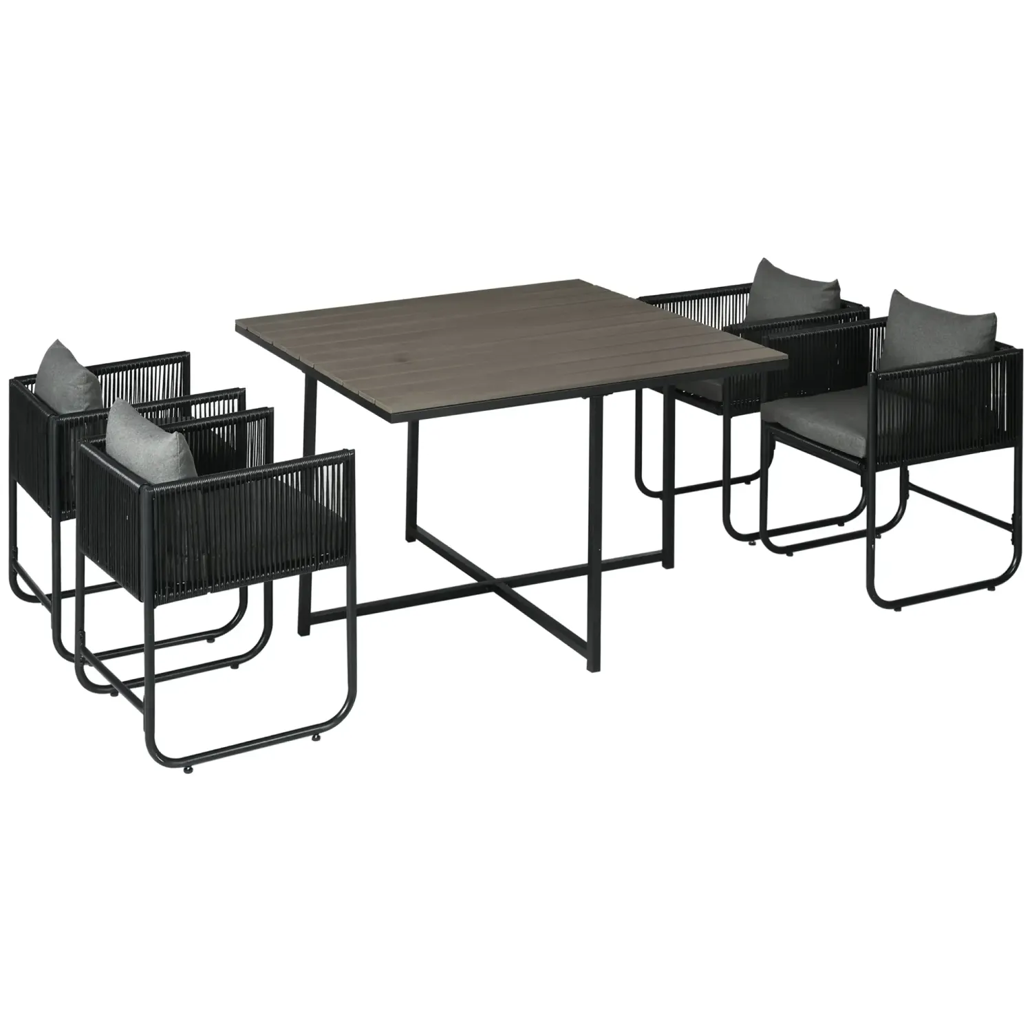 Outdoor Essgruppe 5-teilig Polyrattan Sitzkissen | Schwarz/Grau Outdoor Essgruppe 5-teilig Polyrattan Sitzkissen | Schwarz/Grau
