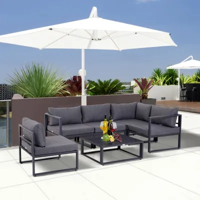 6-tlg. Gartengarnitur Gartensofaset Sitzgruppe Alu Polyester Hartglas | Grau