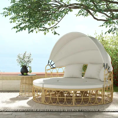 Rattan-Sonneninsel, 4-teilig, ausziehbares Dach, 5 Kissen, 178B x 85T x 66,5H cm, Beige