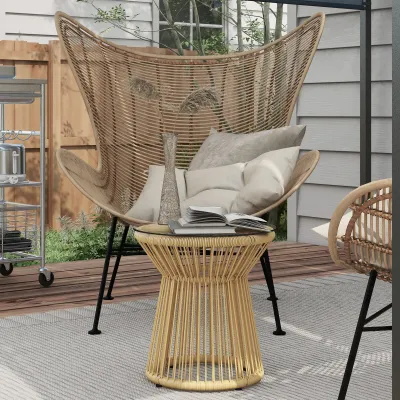 Rattan-Outdoor-Beistelltisch Boho-Stil Gartentisch Glasplatte, 40 cm x 40 cm x 42 cm Beige