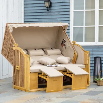 XXL Luxus-Strandkorb 3-Sitzer Sonnenliege mit Dach 2 Klapptischen Fussstütze Chaiselongue Polyrattan Natur 150 x 79 x 160 cm