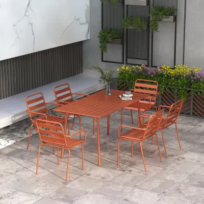 Gartenmöbel Set Garten-Dining-Set 7-teilig mit 1 Tisch und 6 stapelbaren Stühlen aus Stahl in Rot