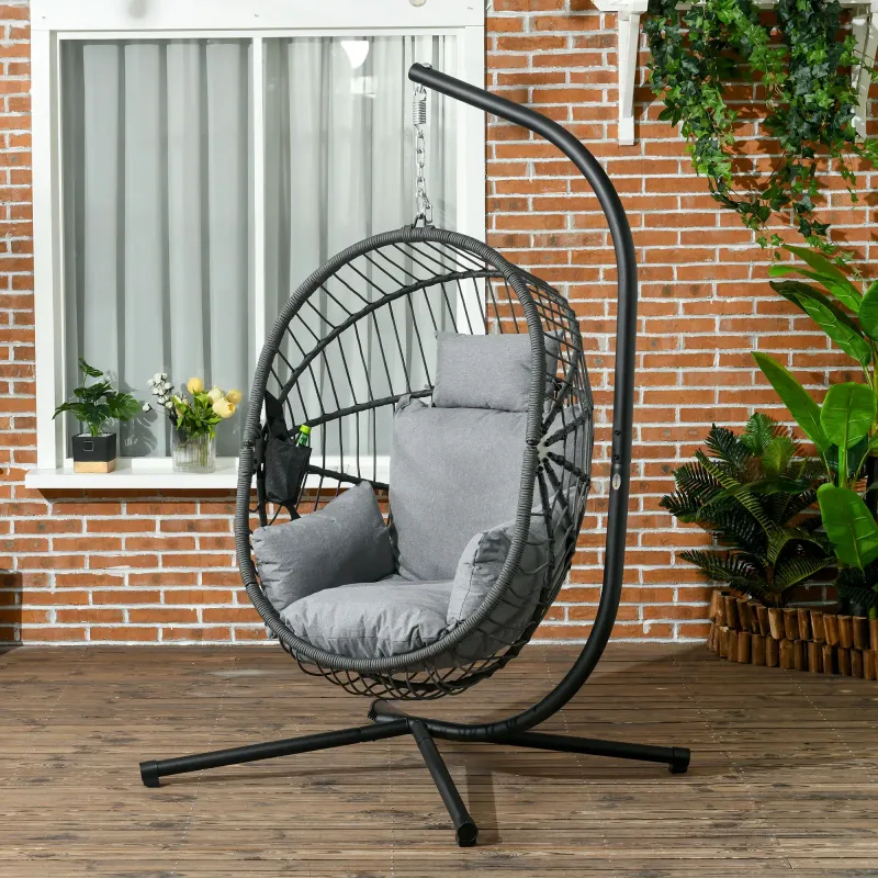 Outdoor Hängesessel Korbsessel, inkl. Polster, Egg-Chair, 120 cm x 106 cm x 188 cm, Grau