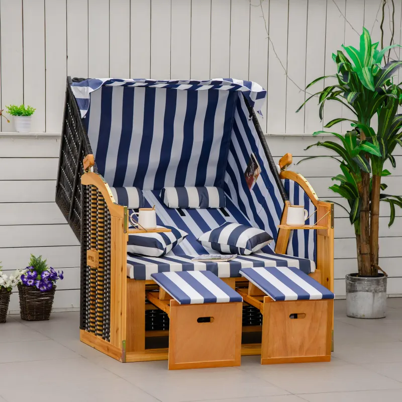 Strandkorb, doppelte Sonnenliege mit Dach, inkl. 1 Klapptisch, Blau