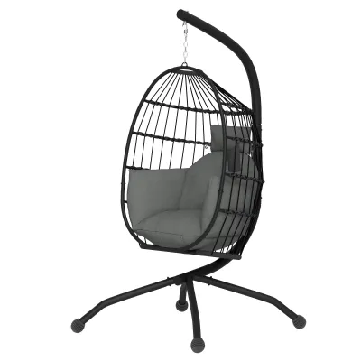 Outdoor Hängesessel, Korbsessel mit faltbarem Korbsitz und dicken Kissen, Ständer, Kopfstütze, Becherhalter, Schwarz Outdoor Hängesessel, Korbsessel mit faltbarem Korbsitz und dicken Kissen, Ständer, Kopfstütze, Becherhalter, Schwarz
