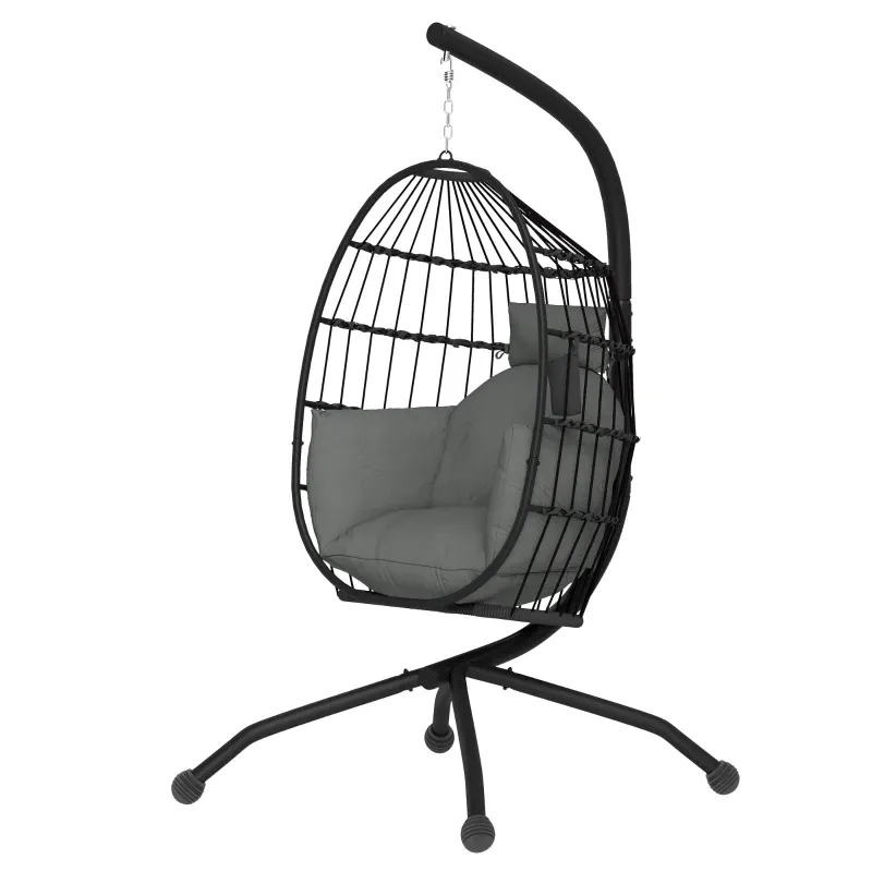 Outdoor Hängesessel, Korbsessel mit faltbarem Korbsitz und dicken Kissen, Ständer, Kopfstütze, Becherhalter, Schwarz Outdoor Hängesessel, Korbsessel mit faltbarem Korbsitz und dicken Kissen, Ständer, Kopfstütze, Becherhalter, Schwarz