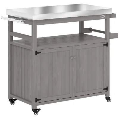 Outdoor-Kücheninsel, Grillwagen, Küchenwagen aus Holz und Edelstahl, Grau Outdoor-Kücheninsel, Grillwagen, Küchenwagen aus Holz und Edelstahl, Grau
