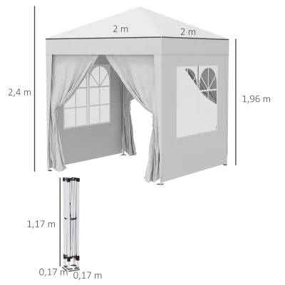 Faltpavillon, Bierzelt, 4 abnehmbare Seitenwände, 2 Fenster, Metallrahmen, 2 x 2m, Weiss