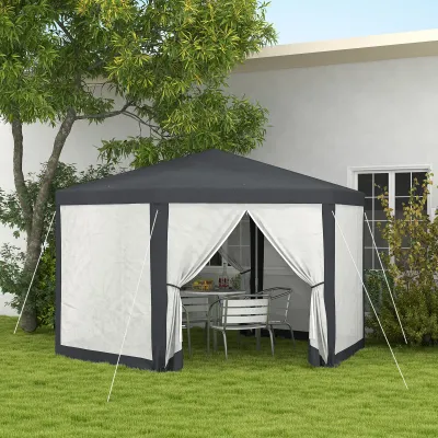Gartenpavillon, 6-eckig, Netzvorhänge, Jurte, Metallgestell, 4x4x2,5m, Dunkelgrau