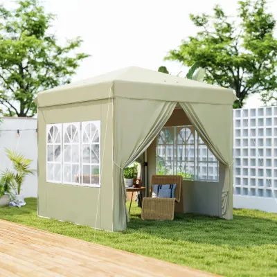 2,5 x 2,5 m Pop-up-Pavillon mit Seitenwänden und Tragetasche, UPF50+ höhenverstellbares Gartenzelt, cremeweiss