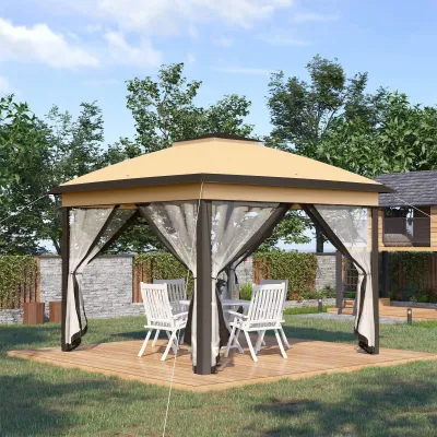 Faltpavillon, Gartenpavillon, Netzvorhänge, 330L x 330B x 288H cm, Beige