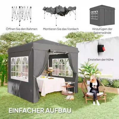 2,5 x 2,5 m Pop-up-Pavillon mit Seitenwänden und Transporttasche, Dunkelgrau